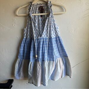Yvonne S Boho Tiered Cotton Dress Blue White Prairie Cottagecore Coastal Sz 8